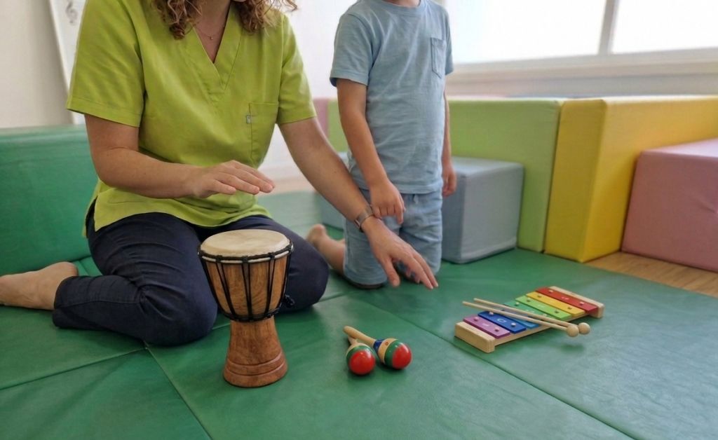 Sessão de musicoterapia com instrumentos e expressão emocional