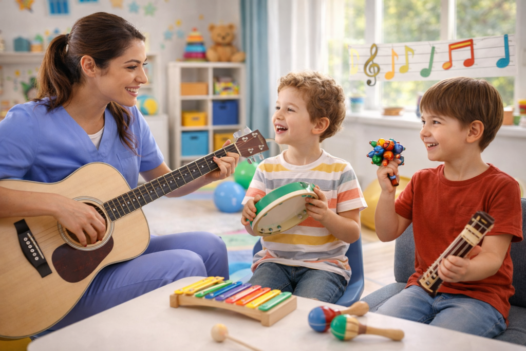 Sessão de musicoterapia com instrumentos e expressão emocional
